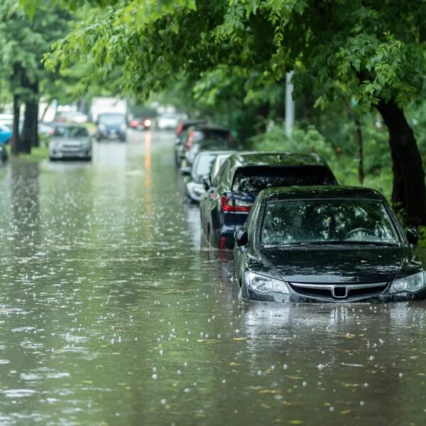 Cars parked on a flooded street, partially submerged in water.